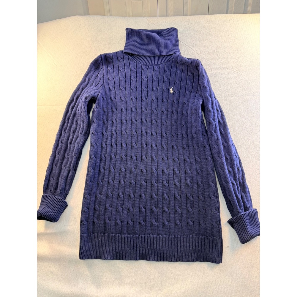 Polo Ralph Lauren L Sport Cable Knit Turtleneck Sweater Dress Tunic Navy Cotton